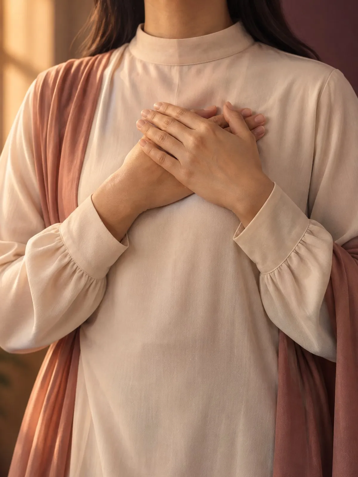 A young woman in a modest cream top and terracotta shawl, both hands resting over her heart