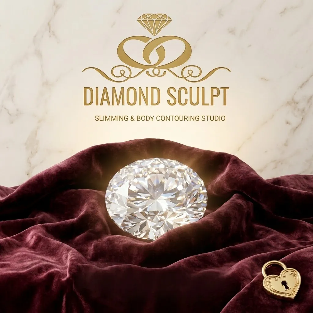 Diamond Sculpt, slimming and body contouring studio: a diamond on plum velvet against white marble