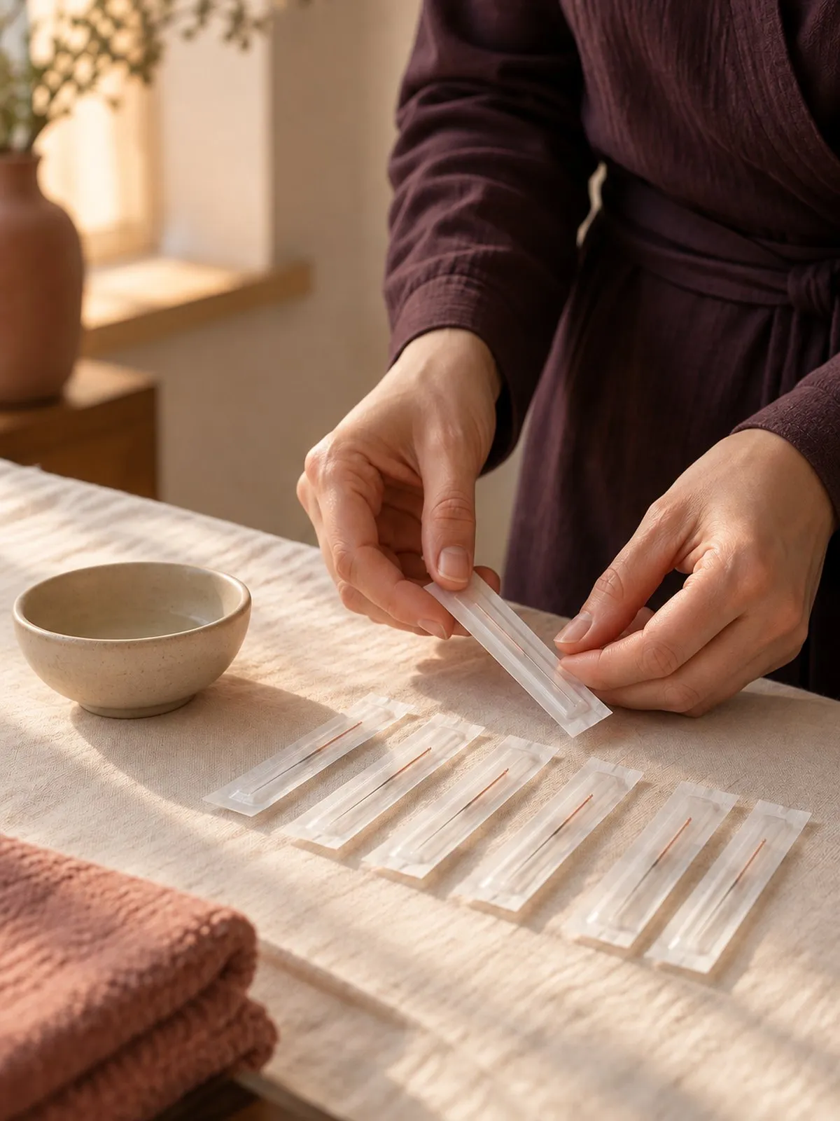 Hands in long sleeves laying out sterile single-use acupuncture needles on a linen cloth