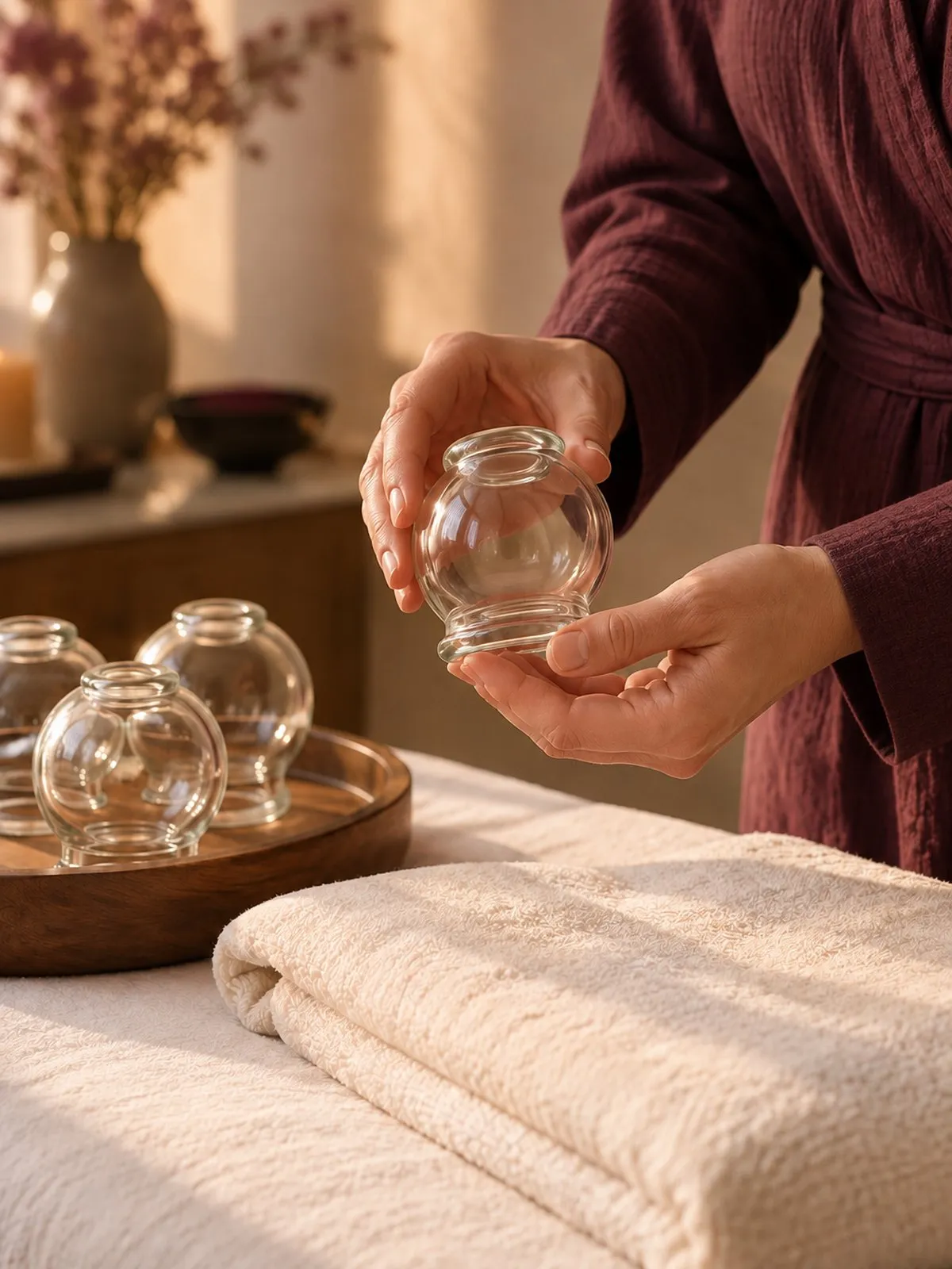 A therapist in long sleeves holding a glass cupping cup beside a folded cream towel