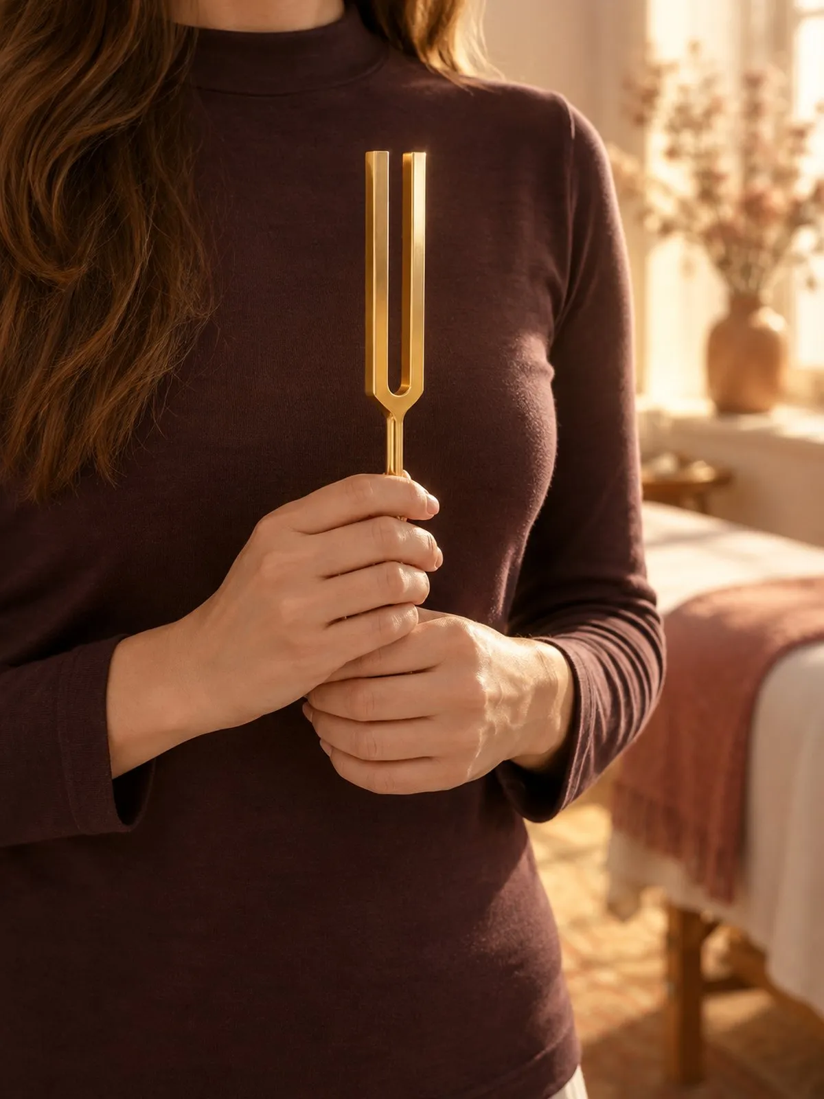 A young woman in a plum top holding a gold tuning fork in front of her chest
