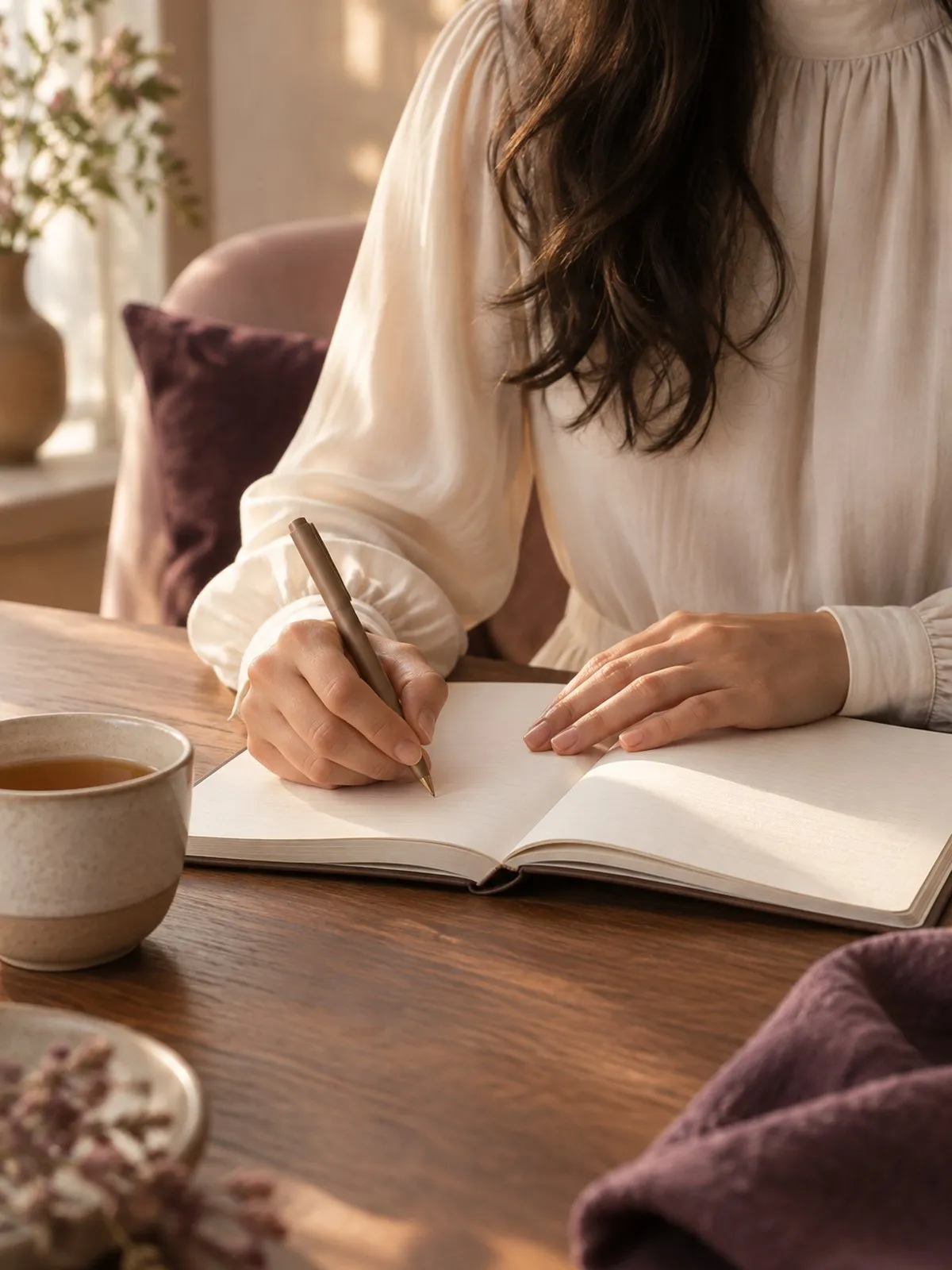A young woman in a cream blouse writing in a journal beside a cup of tea