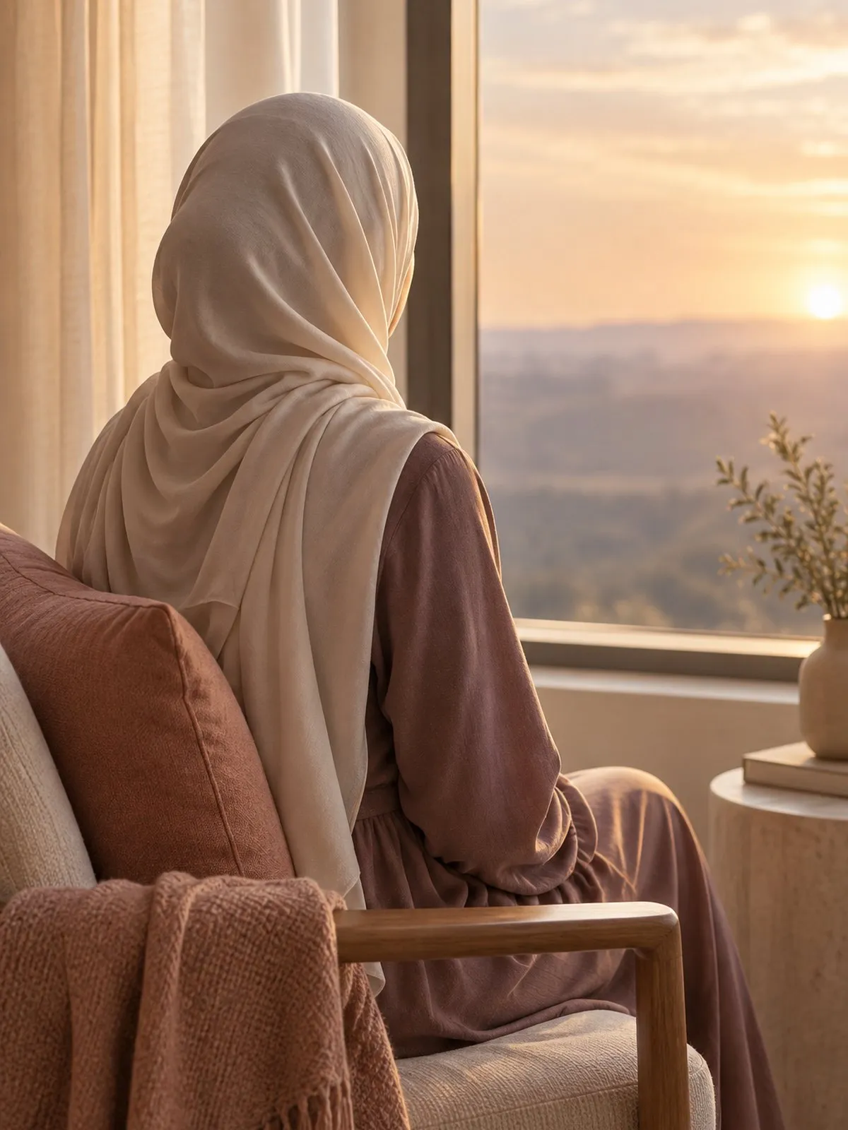 A young woman in a soft hijab sitting upright by a window, looking out at the sunrise